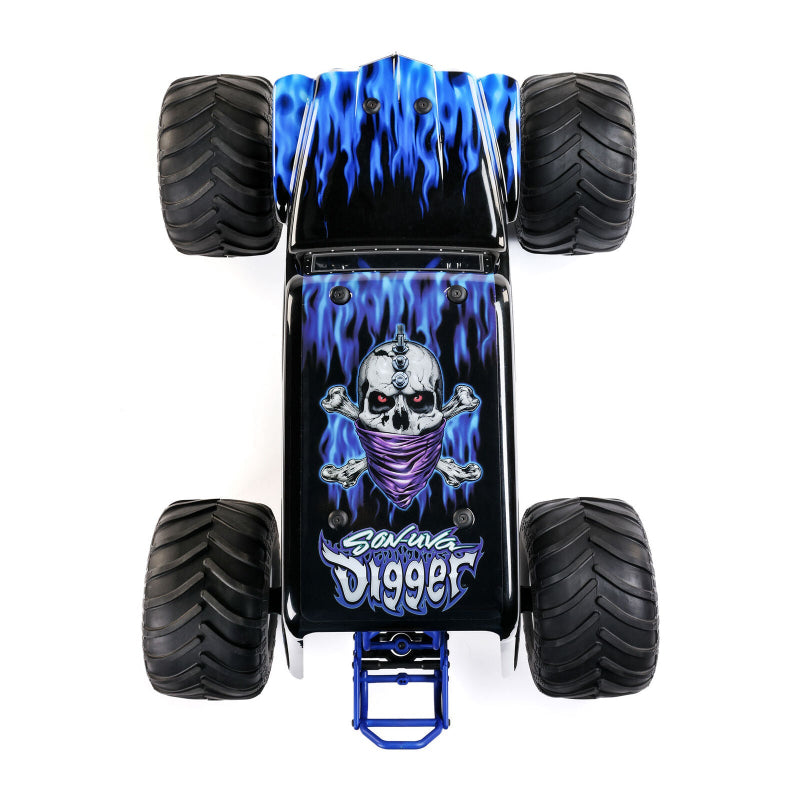 Losi Son-Uva Digger LMT 2.0 1/8 scale remote control monster truck on rugged terrain during daytime.
