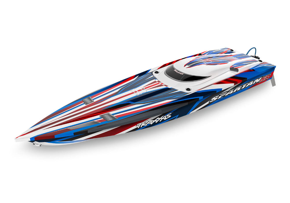 Red Traxxas Spartan SR 36" boat with VXL 6S motor, showcasing sleek design and detailed hull in a high-quality image.