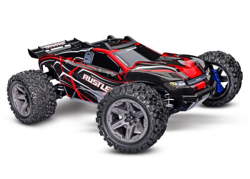 Traxxas Rustler 4X4 BL-2s remote control truck with off-road tires and detailed body, shown in Stampede 4X4 BL-2s style.