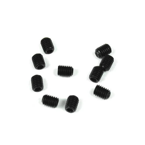 Set of 10 Tekno M3x4mm hex set screws, metal fasteners with hex heads, used for precise assembly and securing parts.