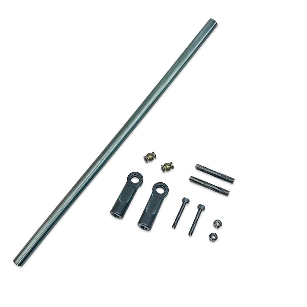 Tekno MT410 2.0 chassis and shock tower brace in black, showing reinforced aluminum construction for RC car stability.