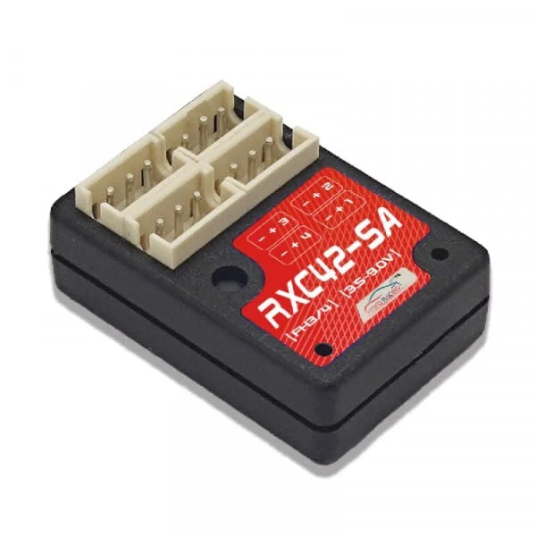 MXO Racing RXC42-SA-C Super Micro Receiver for SANWA remote control, shown with compact design and connection ports.
