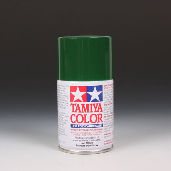 Tamiya PS-22 Racing Green spray paint can, 100ml, with green paint nozzle and label on the aerosol can.