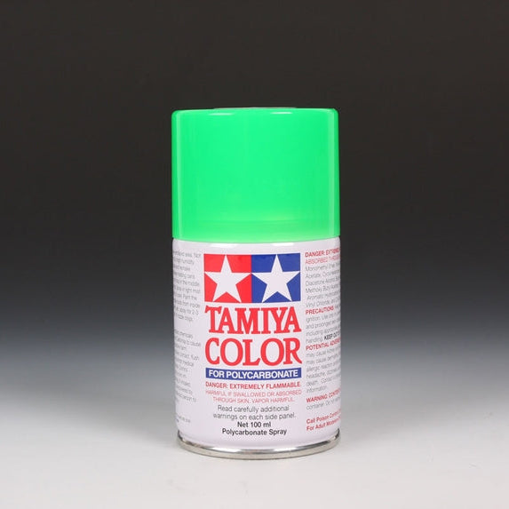 Tamiya PS-28 fluorescent green spray paint in 100ml bottle, shown with the spray nozzle and vibrant green color.