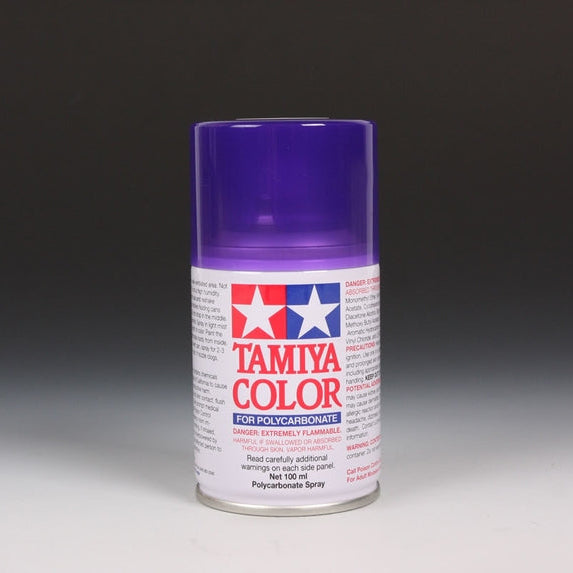 Tamiya PS-45 Transparent Purple spray paint in a 100ml bottle, suitable for model and hobby painting projects.
