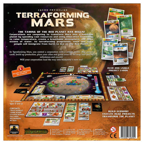 Back of Terraforming Mars board game by Stronghold Games showing the game setup and artwork on the reverse side.