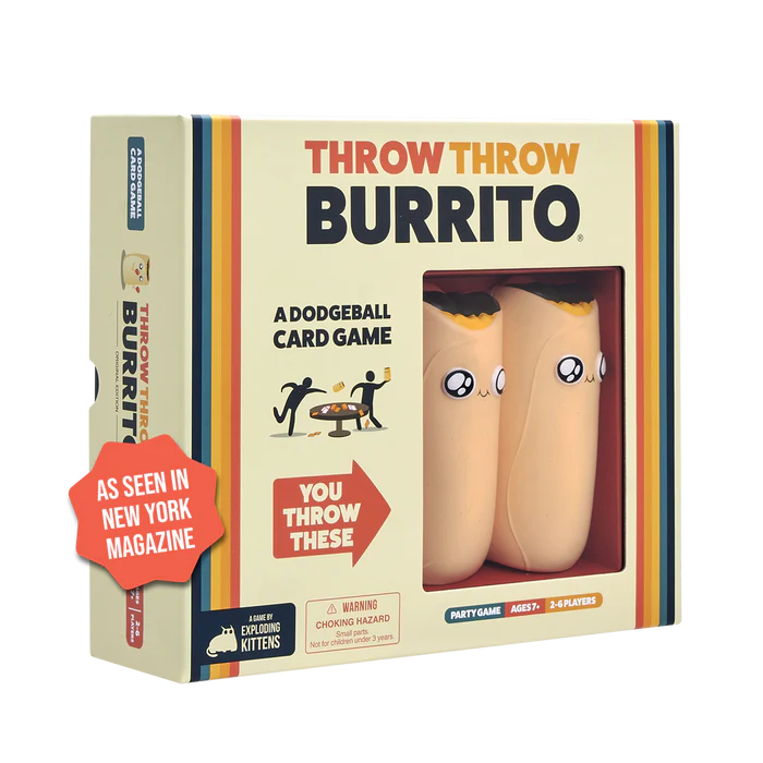 A Toss and Catch game called Throw Throw Burrito by Exploding Kittens, featuring plush burrito-shaped soft projectiles.