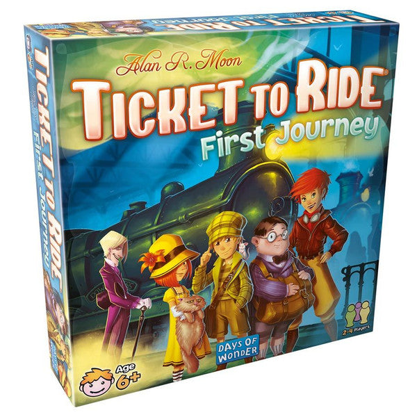 Children playing with Ticket to Ride First Journey board game by Days of Wonder, featuring colorful game pieces and map.