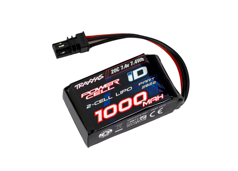 Traxxas 1000mAh 7.4V 2S LiPo battery for RC cars, showing the compact lithium polymer cell and branding on the pack.