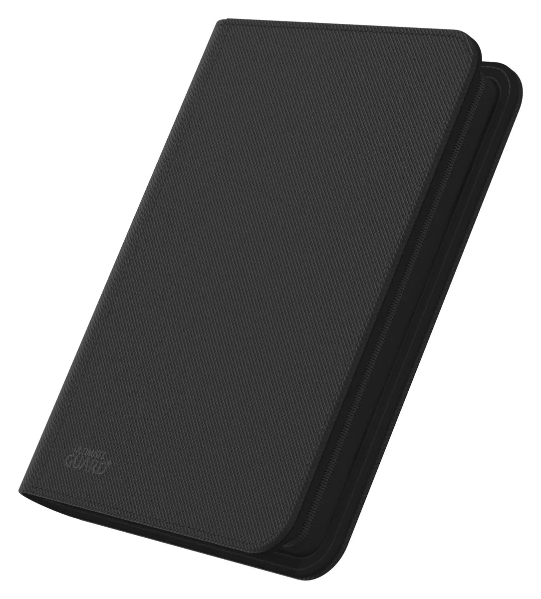 Ultimate Guard Zipfolio 160 8-Pocket Xenoskin card storage wallet with black exterior and clear pocket pages for trading cards.