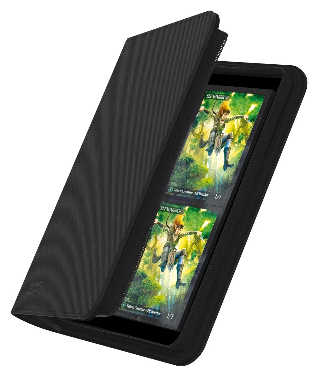 Ultimate Guard Zipfolio 160 8-Pocket Xenoskin card storage portfolio with black Xenoskin exterior and clear interior pockets.