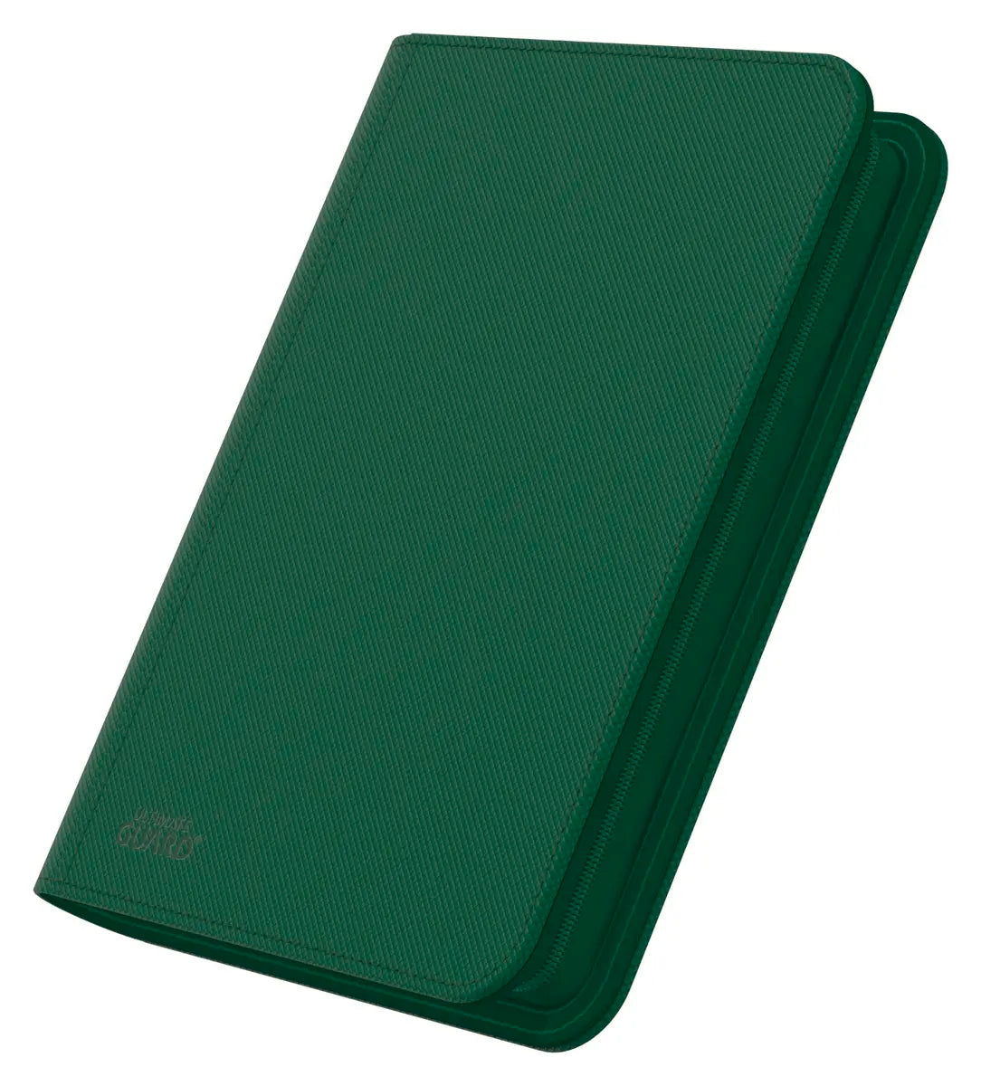 Ultimate Guard Zipfolio 160 8-Pocket Xenoskin card storage binder with black exterior and visible card pages inside.