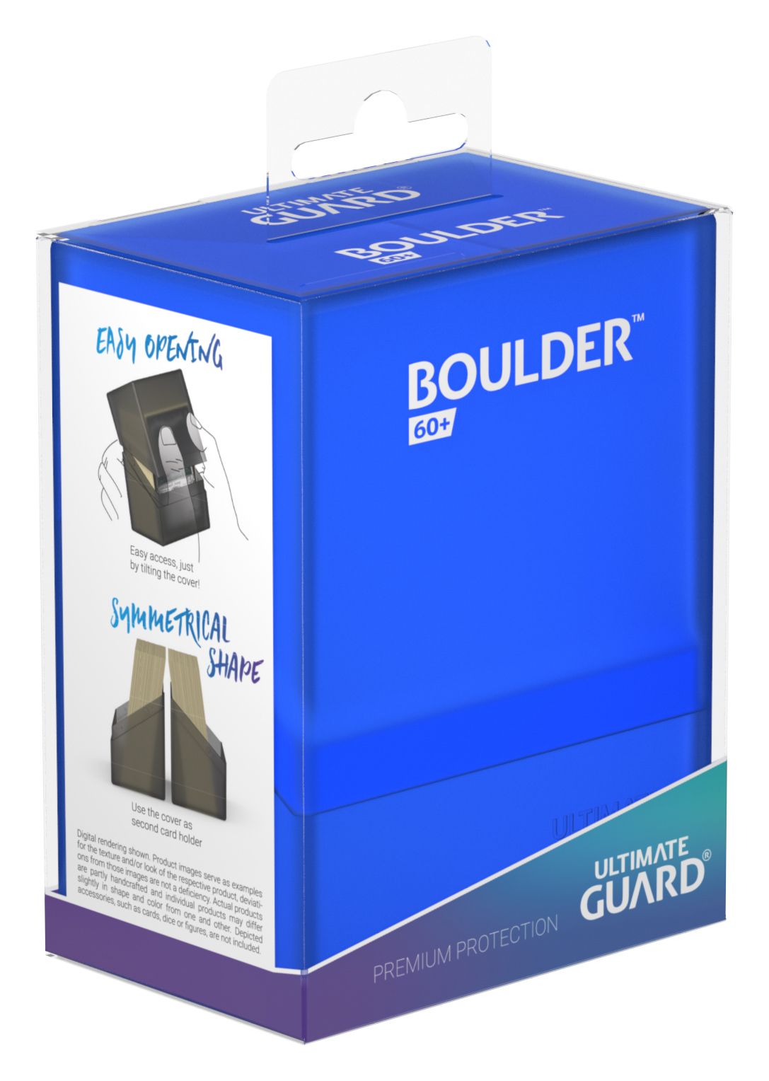 Ultimate Guard Boulder 60+ Sapphire card deck case, durable blue plastic storage container for trading cards, with secure lid.
