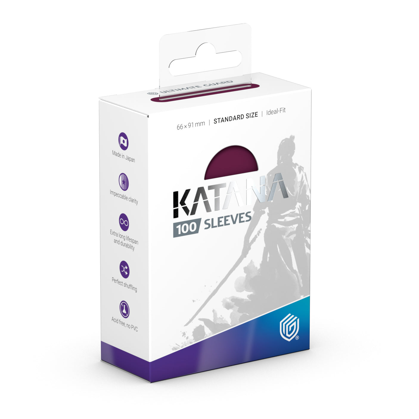 Ultimate Guard Katana Sleeves Standard Size in Radiant Plum for trading cards, featuring vibrant purple card protection.