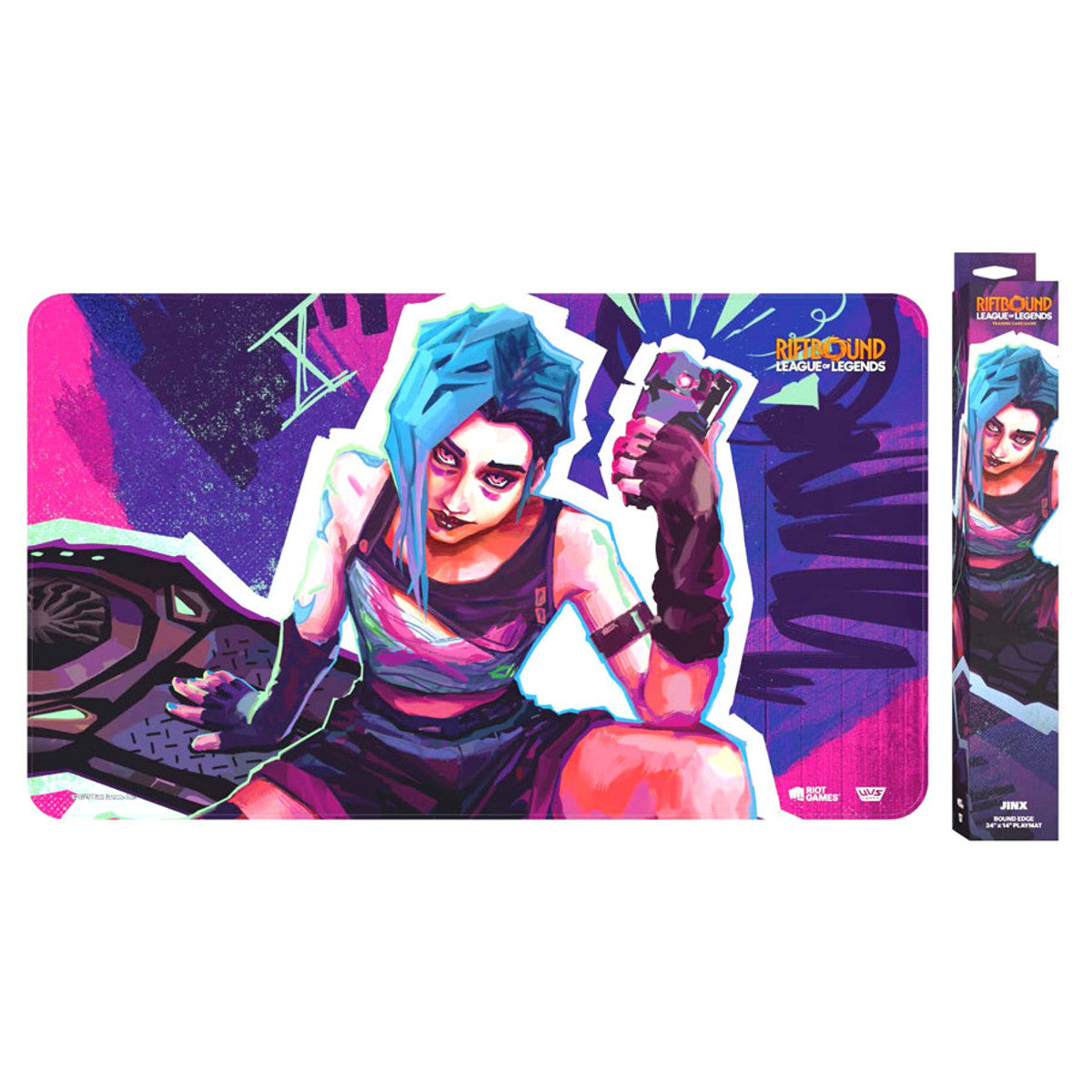 UVS Games Riftbound Jinx playmat featuring colorful, detailed artwork with game-themed design on a smooth surface.