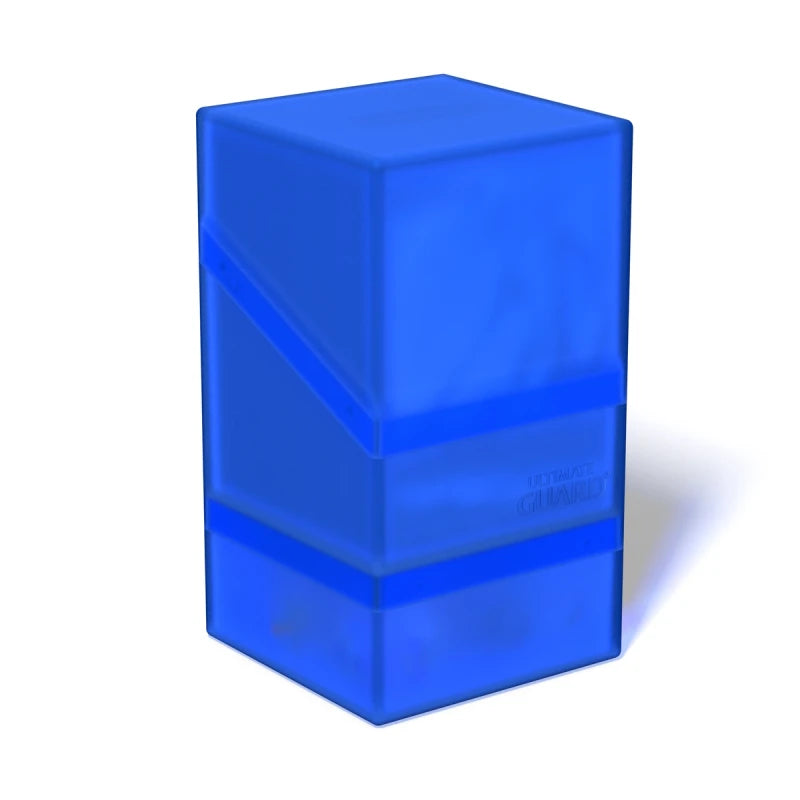 Ultimate Guard Boulder'n'Tray 100+ card deck case in vibrant sapphire blue, made for secure storage and transport of trading cards.