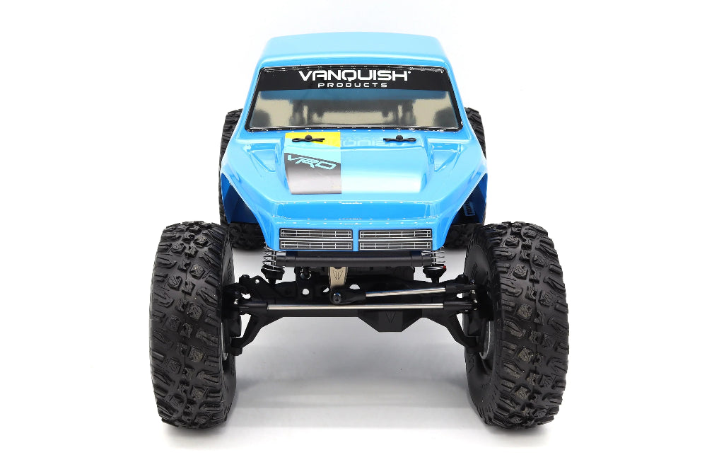 Blue Vanquish VRD Stance 4x4 RTR crawler with detailed chassis and large tires, showcasing off-road capabilities and durable construction.