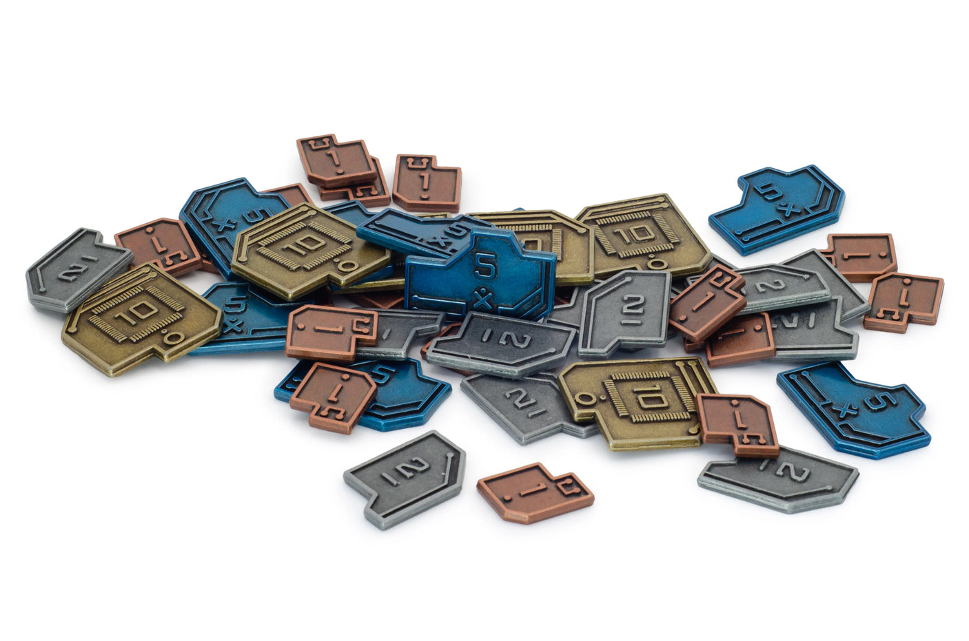 Close-up of Vantage Metal Coins by Stonemaier Games, showcasing shiny, detailed metal currency coins for tabletop gaming.