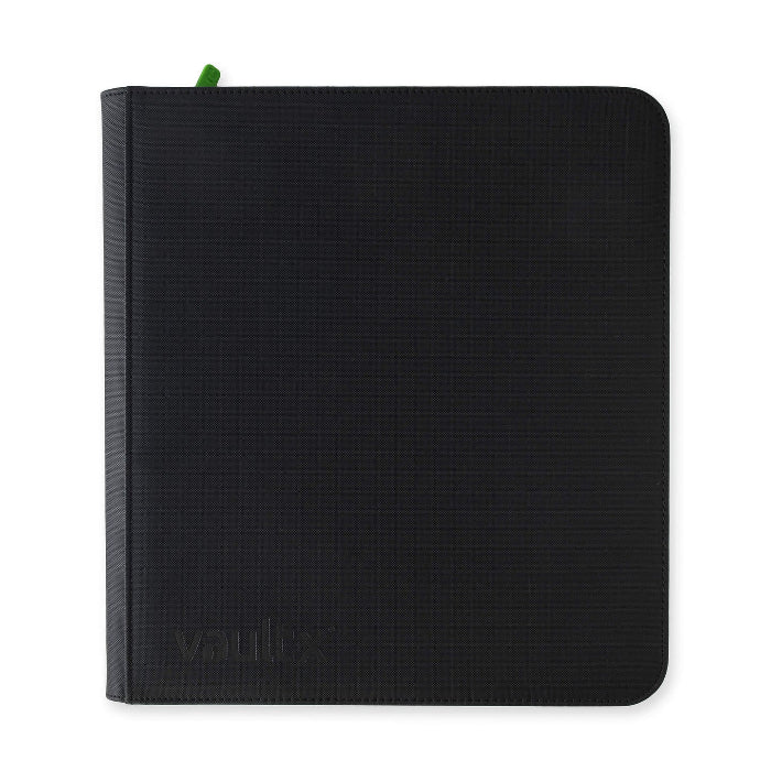 Vault X Exo-Tech 12-pocket zip binder in black, showing the durable exterior and multiple pockets for organizing documents.