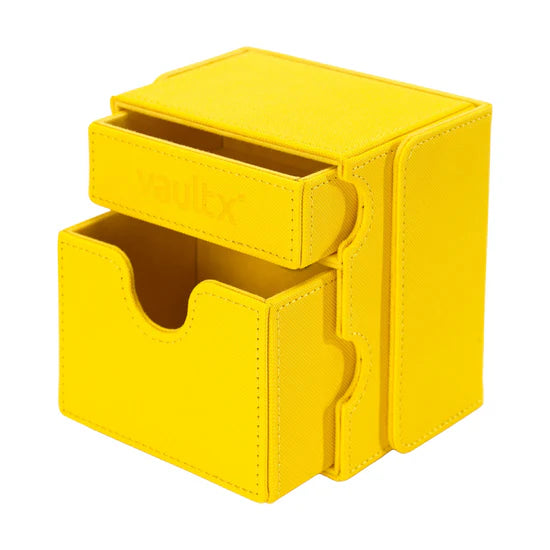 Vault X Exo-Tec Game Box 100+ in yellow, durable storage case for gaming discs and accessories, with secure lid and compact design.