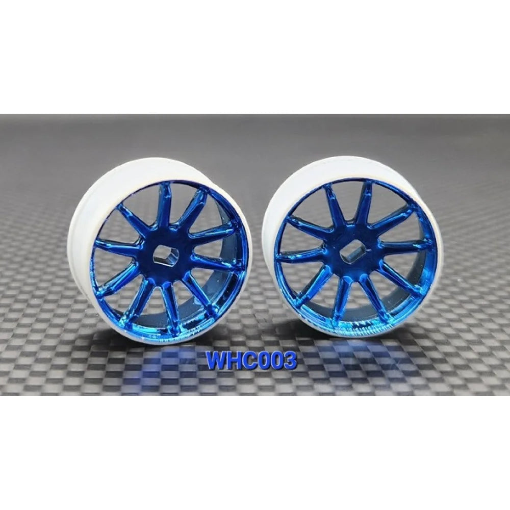 Blue chrome GL Racing R10 AWD rims displayed on a vehicle, showcasing their sleek, shiny finish and sporty design.