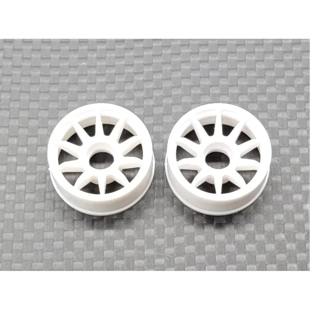 White RWD RC car rims by GL Racing, lightweight and durable, designed for remote control car modifications.