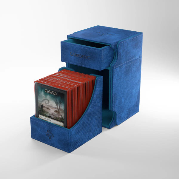 Gamegenic Watchtower 100+ XL convertible storage box in blue with adjustable compartments for card and tabletop game storage.