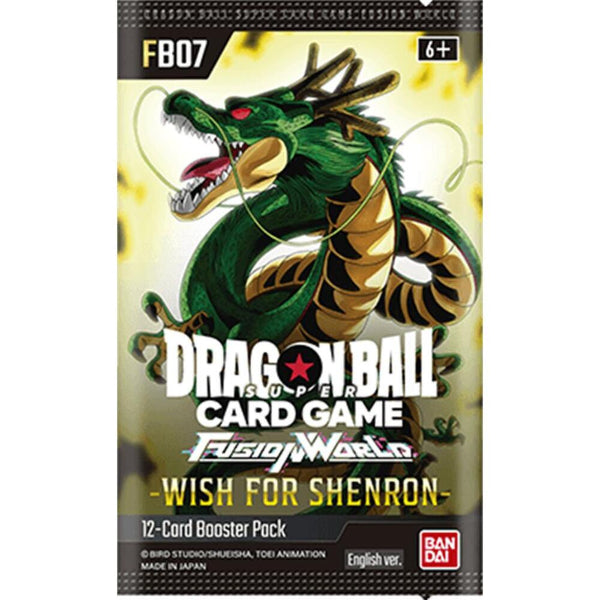 Bandai Dragon Ball Fusion World Wish for Shenron Booster Pack featuring colorful game cards and packaging design.