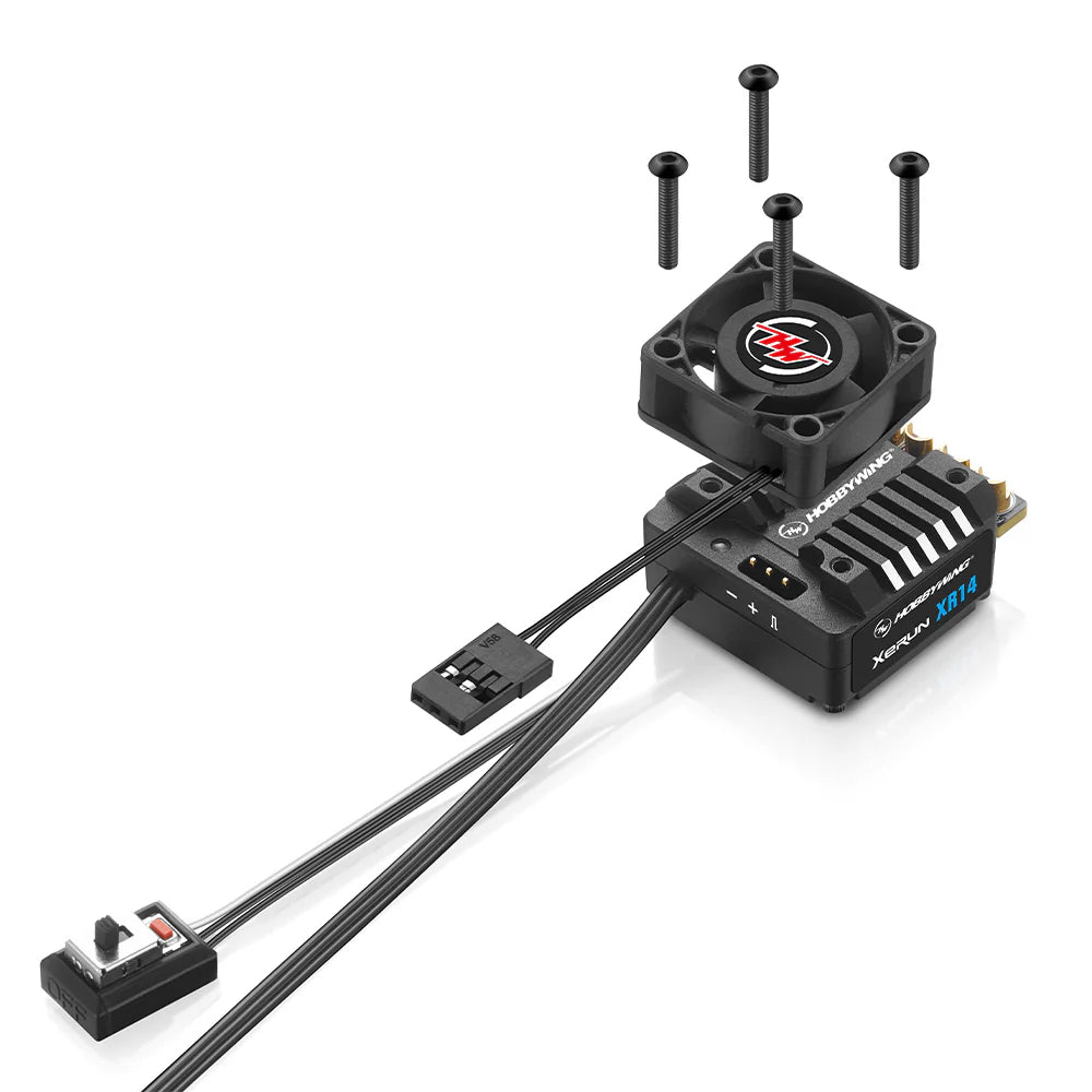 Hobbywing XERUN XR14 2S RC car ESC with sleek black and silver design, mounted on a remote control vehicle.