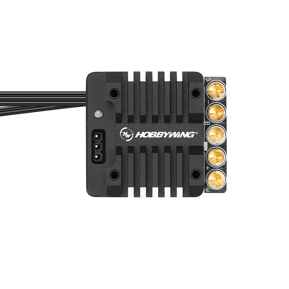 Hobbywing XERUN XR14 2s ESC for RC cars, showcasing the compact electronic speed controller with branding and wiring visible.
