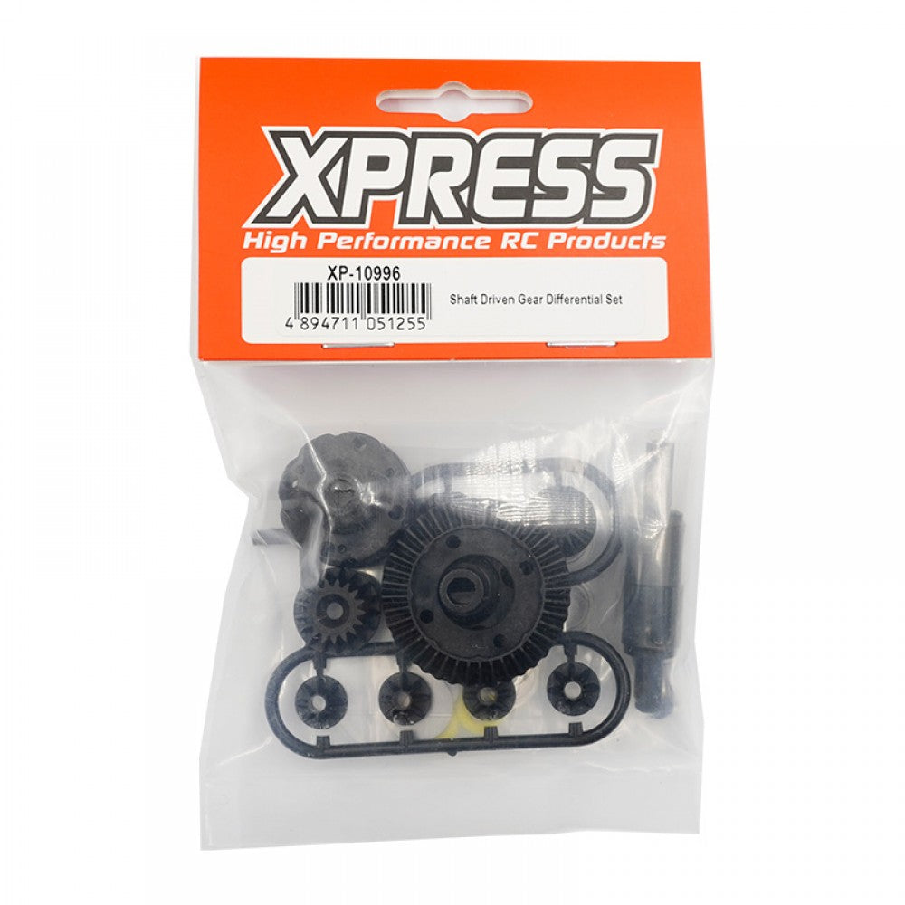 Hobby Addicts Xpress shaft-driven gear differential set in packaging, with metal gears and components visible.