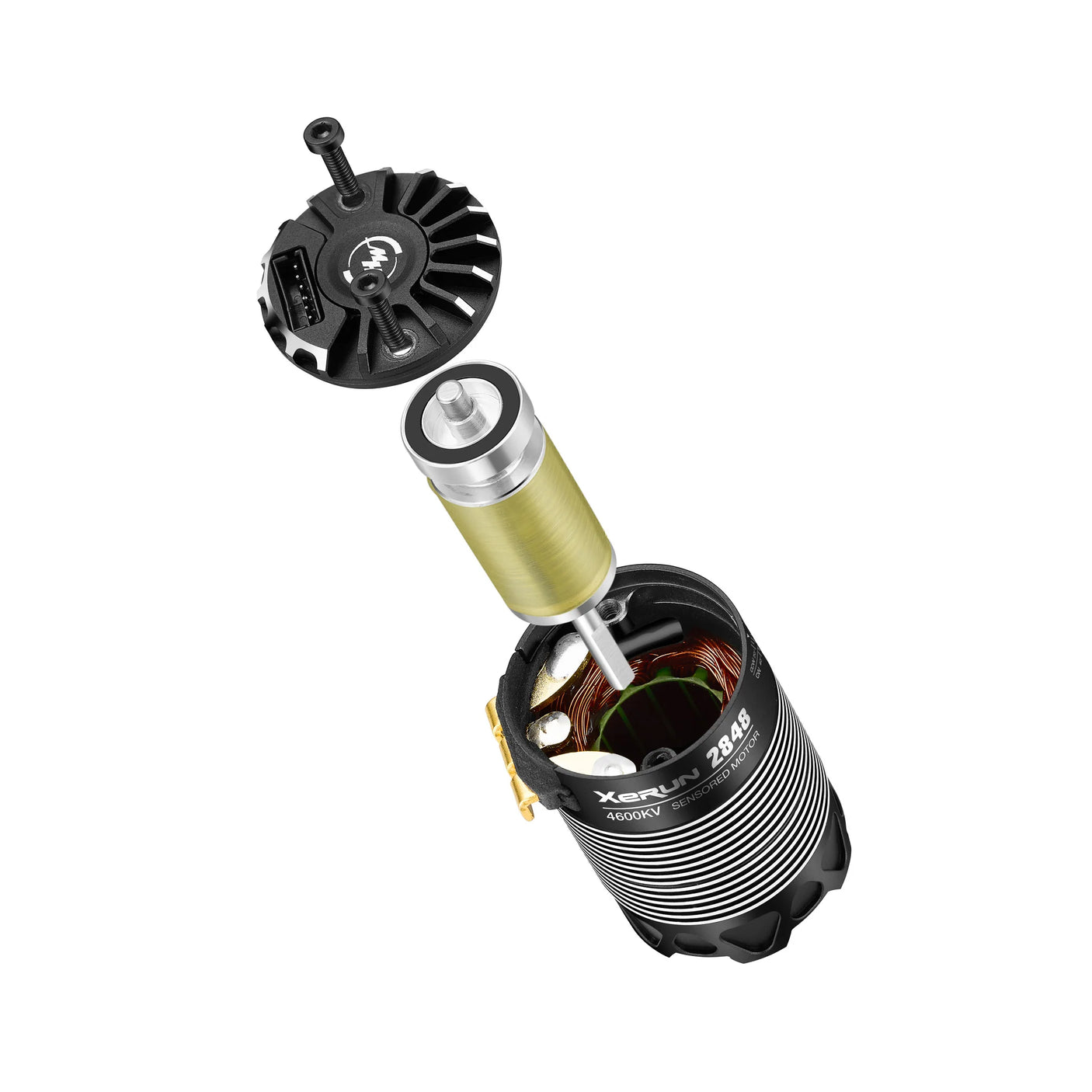 Hobbywing XERUN 2848 sensored RC car motor with black heatsink and wiring, designed for high-performance remote control vehicles.