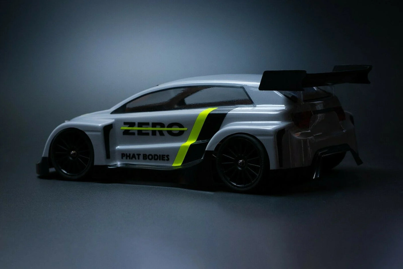 RC car chassis from Phat Bodies, Zero for 1:14 and 1:12 scale, featuring a sleek design and lightweight construction.