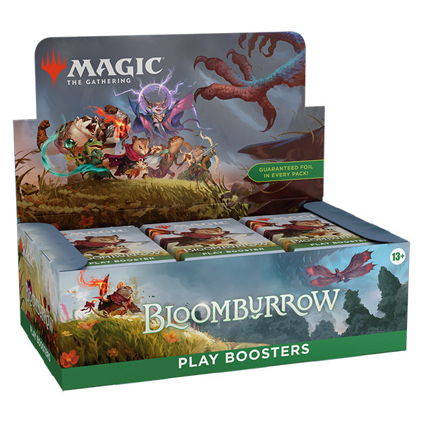 MTG Bloomburrow Play Booster Box by Wizards of the Coast, featuring colorful booster packs and artwork for Magic: The Gathering.