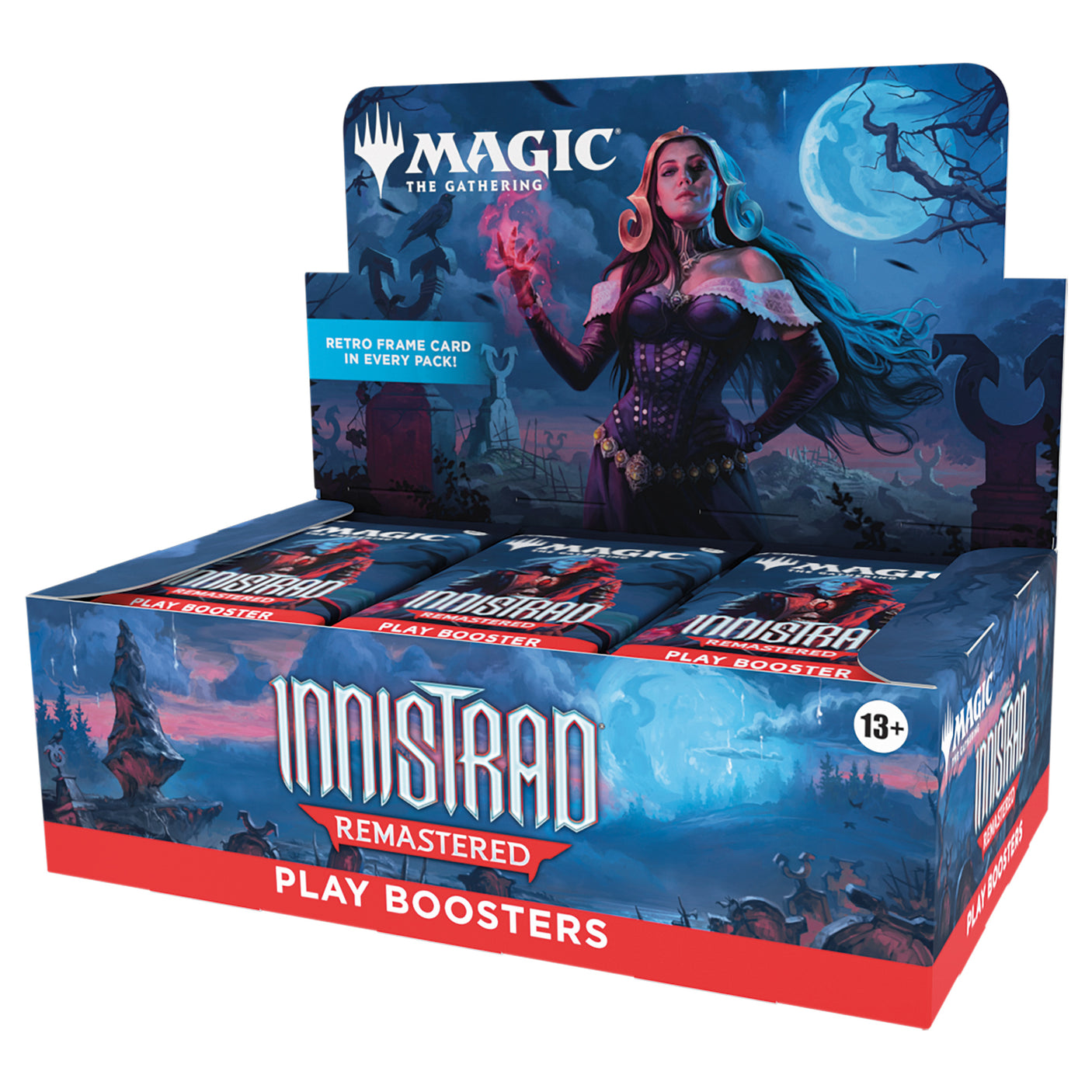 MTG Innistrad Remastered Play Booster Box by Wizards of the Coast showing unopened booster packs arranged in a box