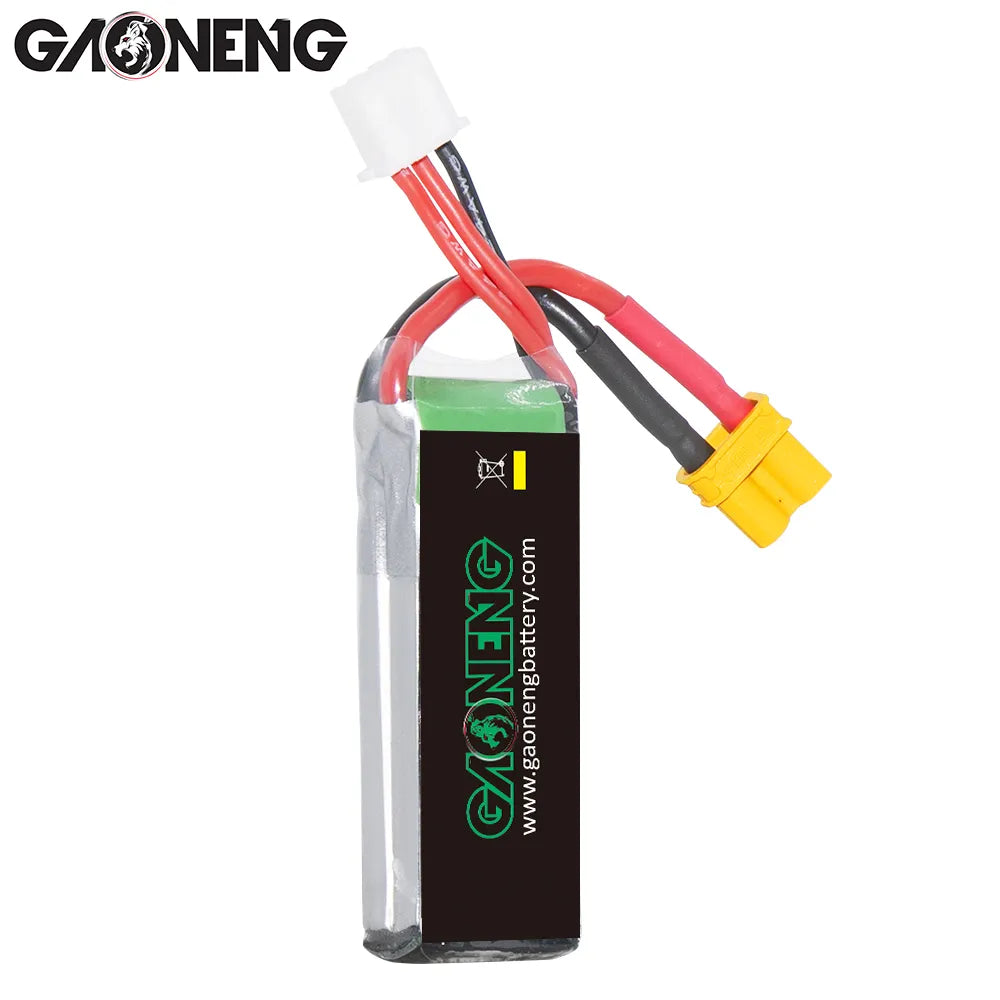 GNB 350mAh LiHV 2S 70C XT30 RC car LiPo battery with XT30 connector, black and yellow packaging, compact and lightweight design