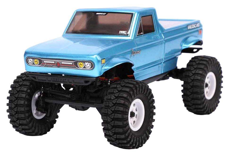 Redcat Ascent-18 RC car with blue body and detailed design, shown from a side angle on a white background.