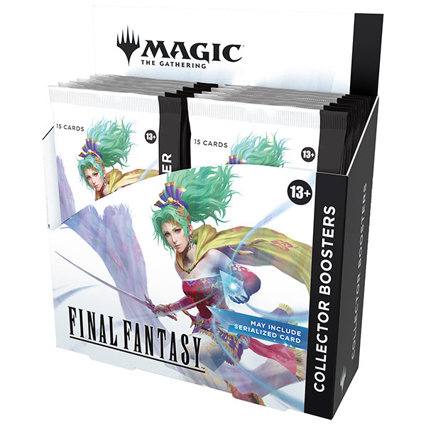 MTG Final Fantasy Collector Booster Box by Wizards of the Coast, featuring colorful fantasy-themed artwork and collectible trading cards.
