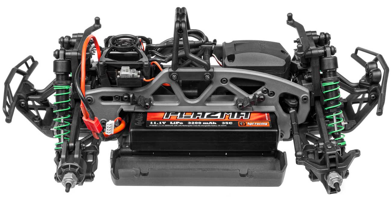 HPI Racing Savage XS Flux VGJR RTR 4WD Monster Truck with visible battery and electrical components for remote control vehicle.