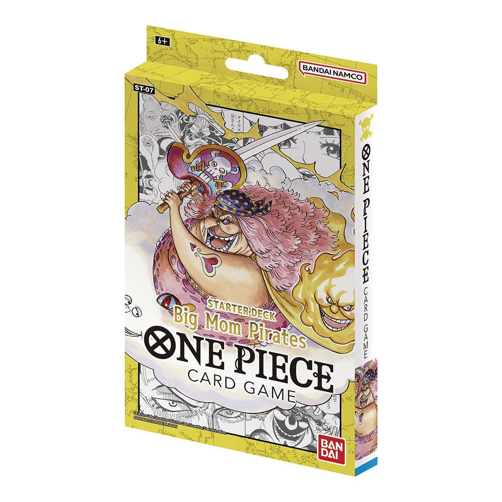 Bandai One Piece TCG Big Mom Pirates Starter Deck (ST-07) featuring colorful artwork of Big Mom with playing cards and game components.