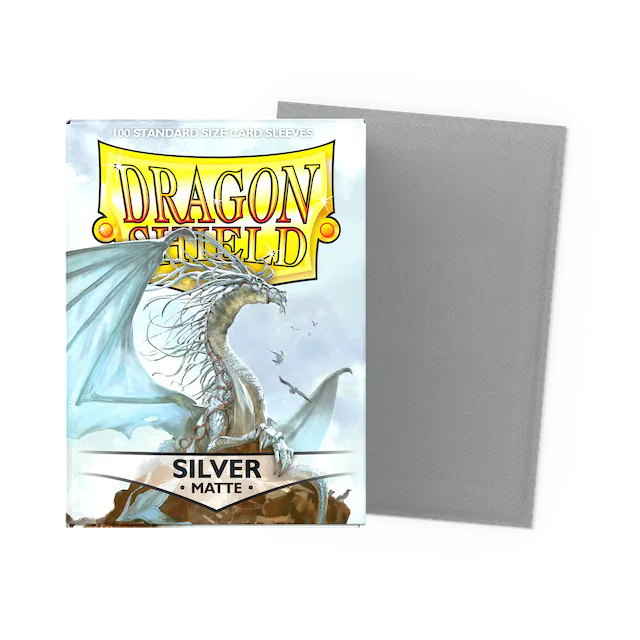 Dragon Shield Matte Silver Standard Sleeves in box, showing flat card sleeves designed for protection and smooth shuffling.