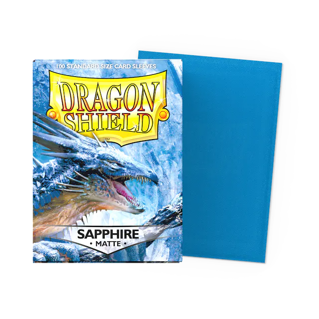 Dragon Shield Matte Sapphire standard card sleeves in a flat box, showcasing smooth, durable card protection for gaming and trading cards.