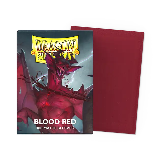 Dragon Shield matte blood red standard sleeves for trading cards, shown in a flat box with a smooth finish.