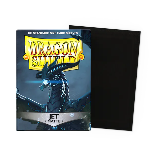 Dragon Shield Matte Jet Standard Sleeves in a box, showing a flat, sealed set of card sleeves for protective card gaming.