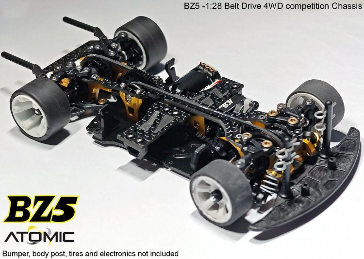 Atomic RC Z5 Belt Drive 4WD chassis kit featuring a sleek black and silver design with detailed components for RC racing.