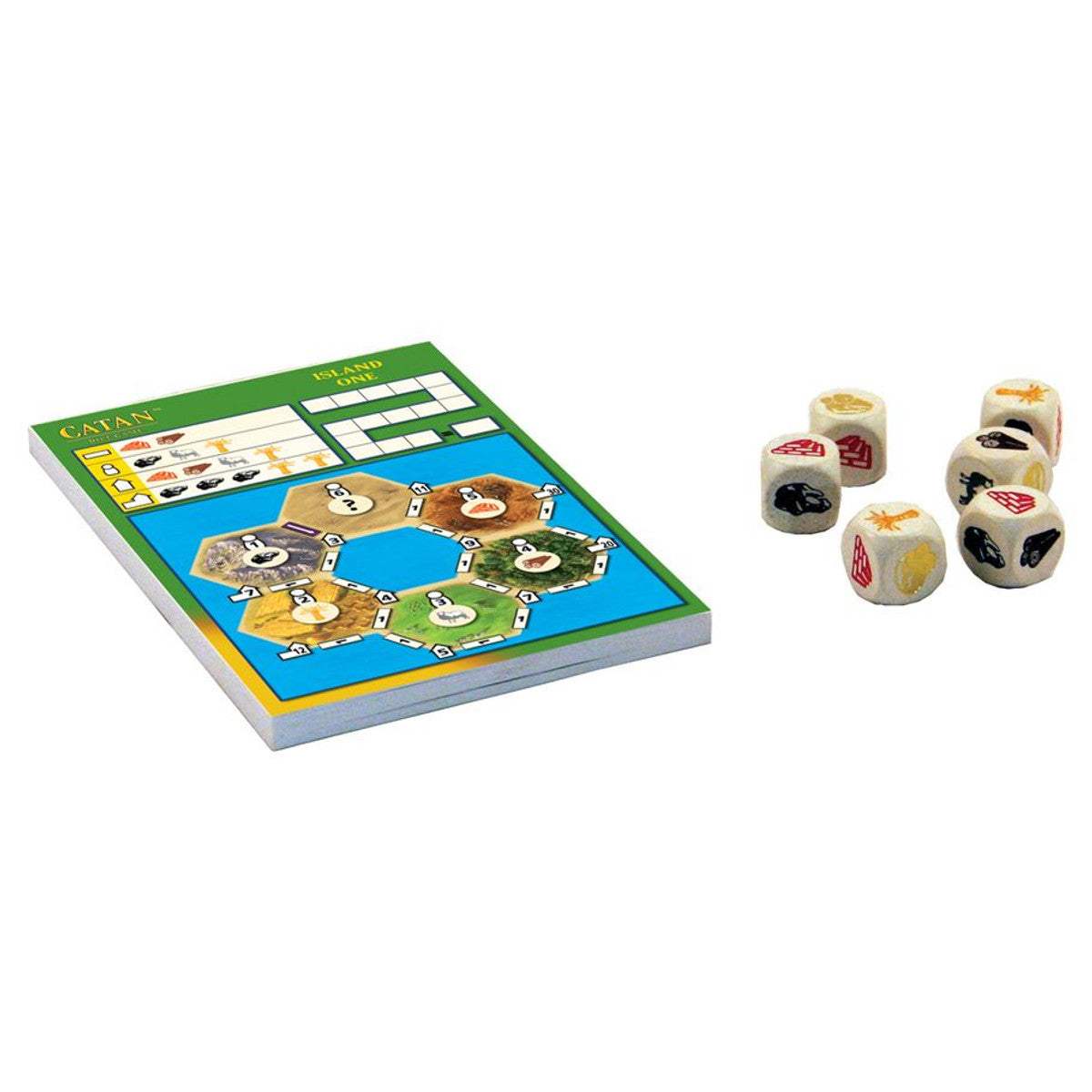 Catan Dice Game by Catan Studio with colorful dice and game instructions on a white background