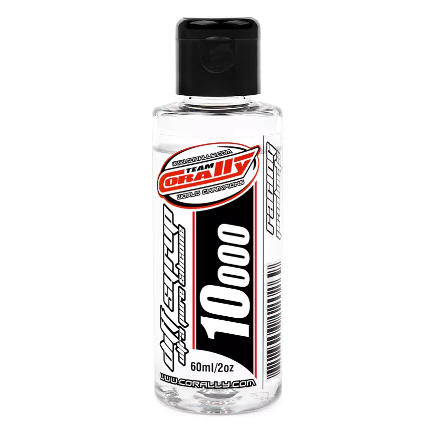 RC car Team Corally Ultra Pure Silicone Diff Oil 2oz bottle with a clear label and orange cap, used for drivetrain lubrication.