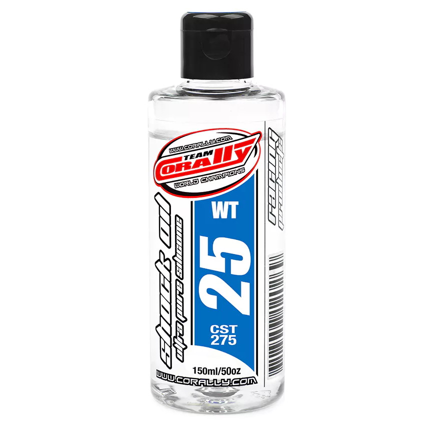 Team Corally RC car with Ultra Pure Silicone Shock Oil 5oz container, showcasing the shock oil bottle and RC vehicle components.
