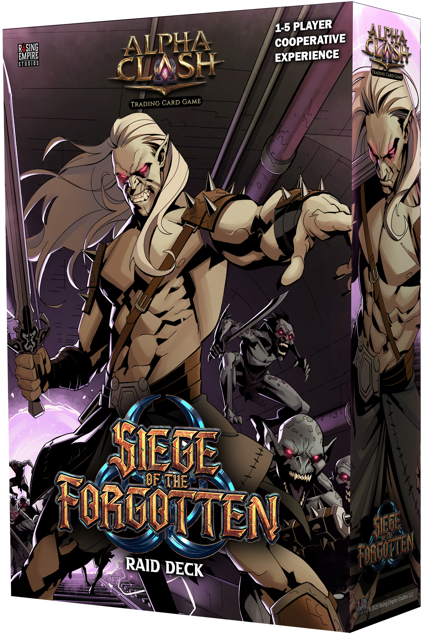 Collectible trading cards from Rising Empire Studios' Alpha Clash TCG: Siege of the Forgotten PvE Box, featuring vibrant fantasy artwork.