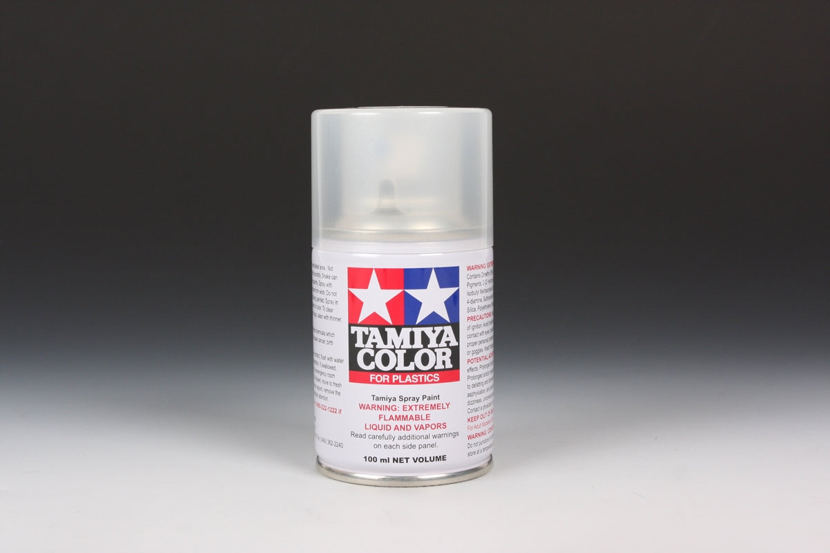Tamiya TS-65 Pearl Clear Spray Paint 100ml bottle, showcasing the shimmering pearl finish with the spray nozzle visible.